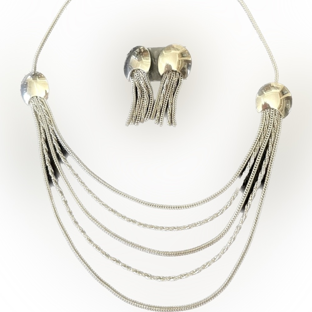 Vintage 5-strand Multi-Chain Silvertone Metal Necklace & Earrings